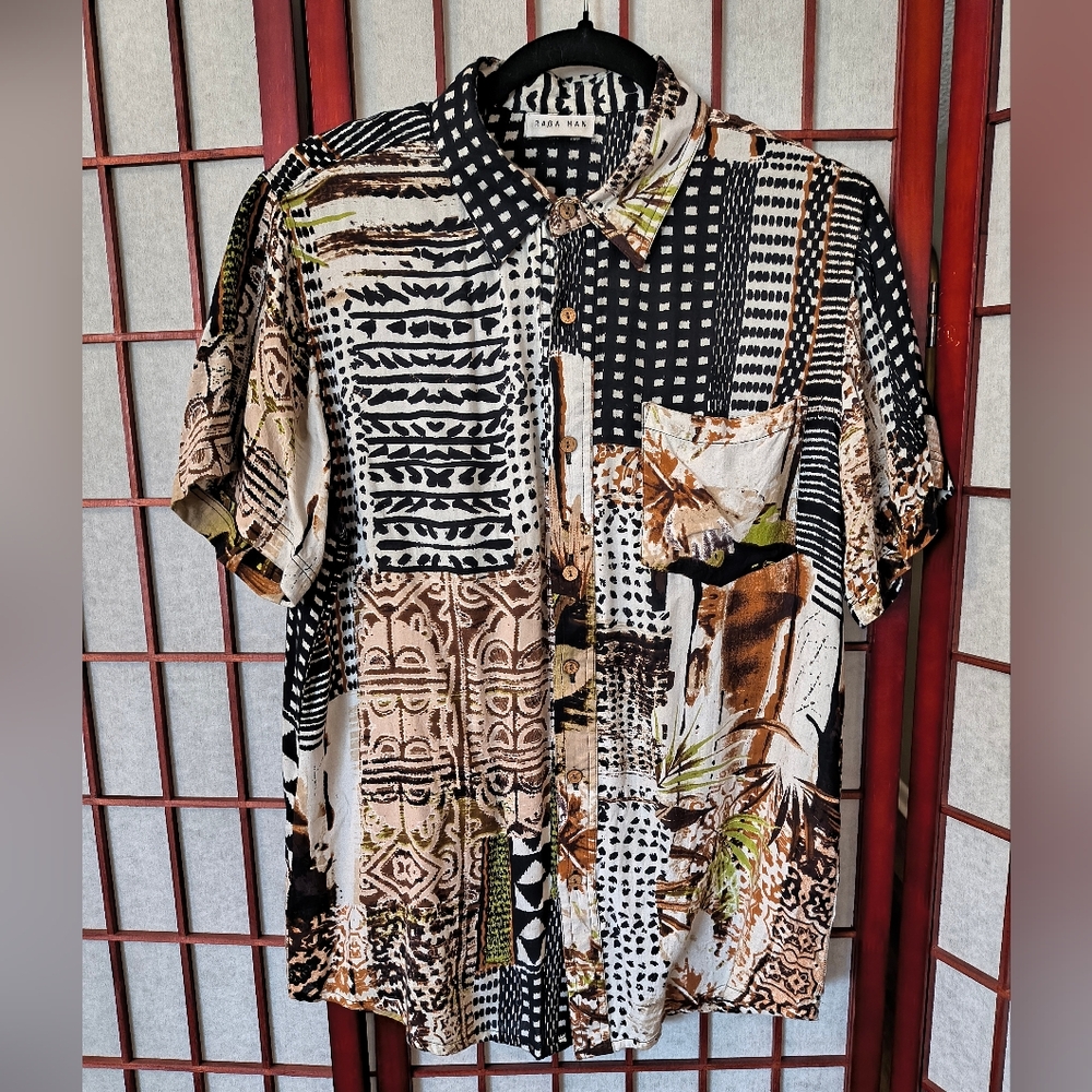 RAGA MAN Multicolor Patterned Button-Up Shirt—Size Medium